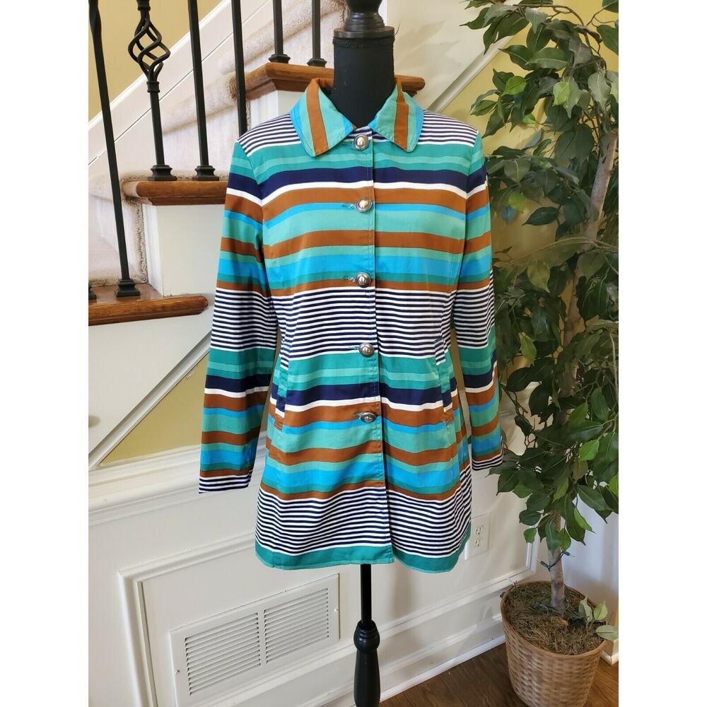 Live a Little Lined Cotton Green Striped Light Weight Trench Style Coat L
